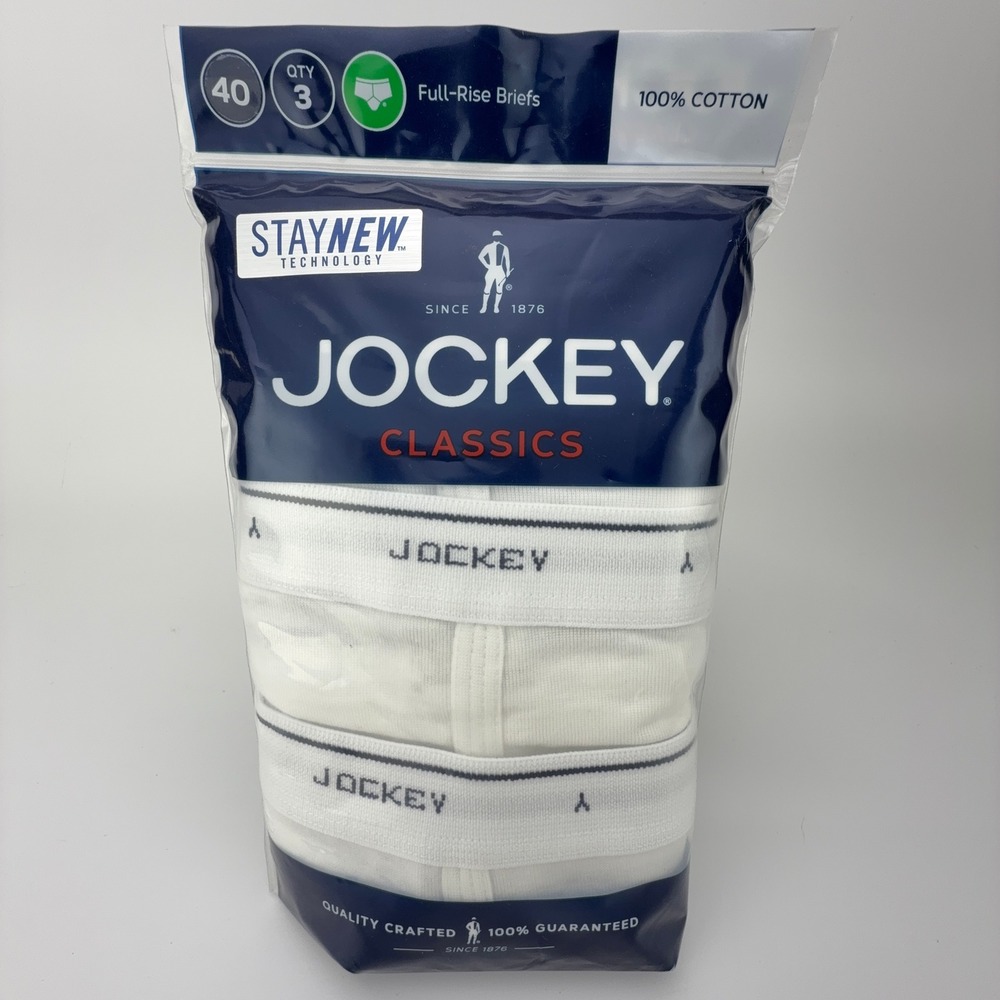 Jockey Classics Men White Full-Rise Briefs 3-Pack 100% Cotton Size 40 009950/100